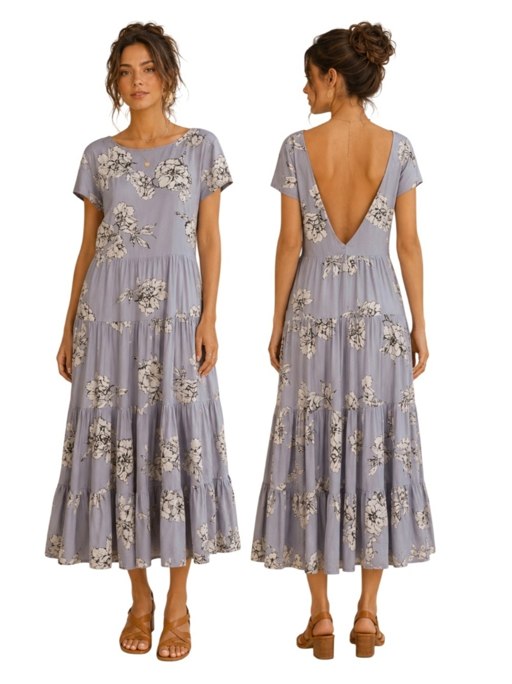 Free People Periwinkle Rita Tiered Midi Dress Floral Open Back Women’s XS